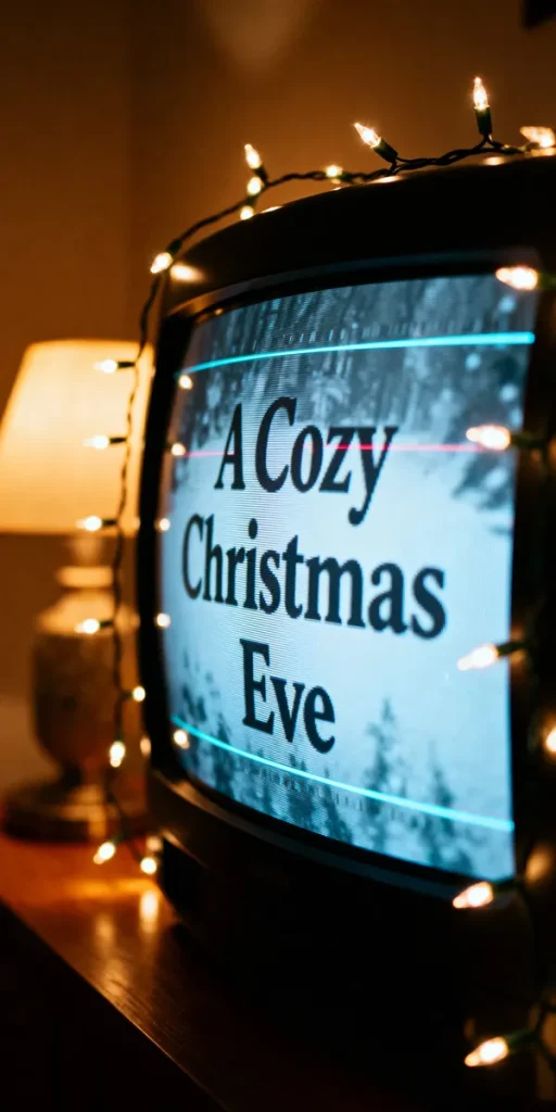 An old-school tv with "A Cozy Christmas Eve" on it.