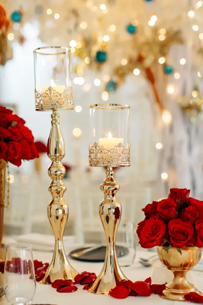 A pretty color palette of gold and red roses.