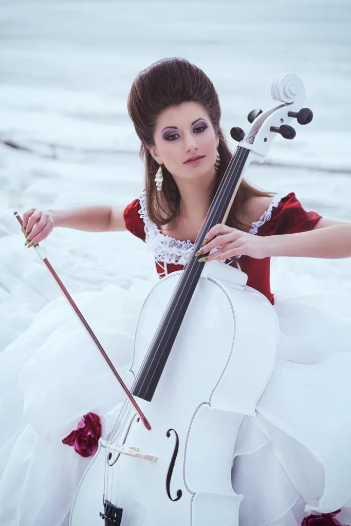 A beautiful cellist dressed for the wedding occasion. 