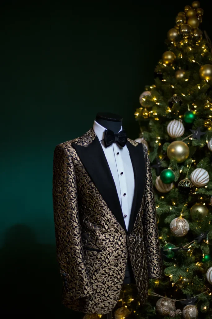 A very fancy suit with metallic embellishments.