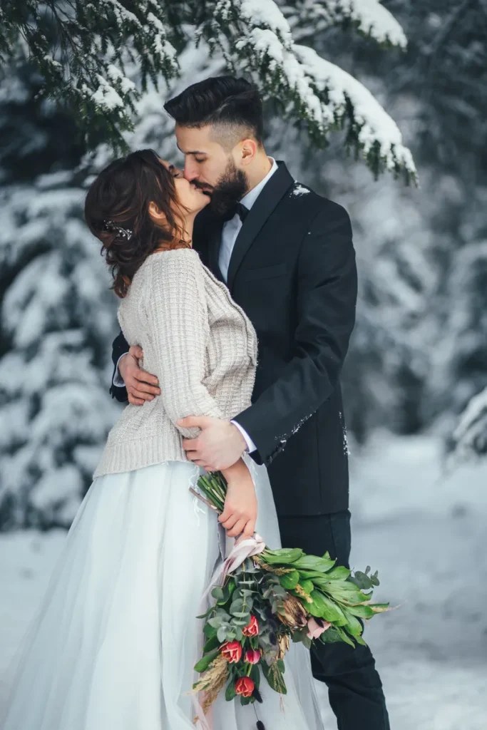A bride and groom having a lovely, snowy outdoor ceremony.