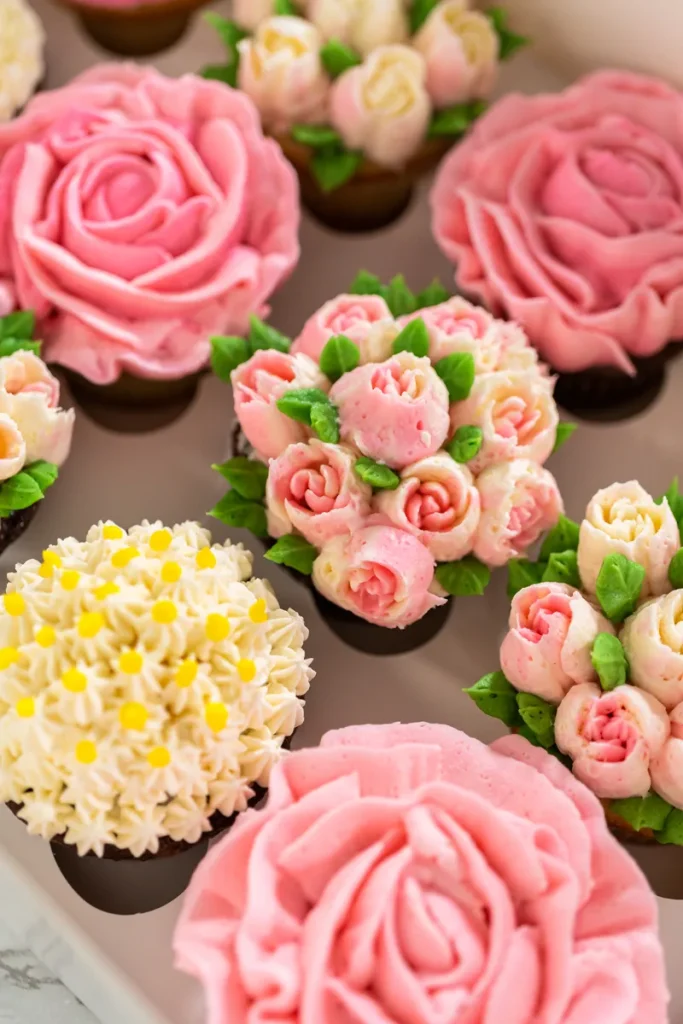 Piped buttercream flowers on some cupcakes.