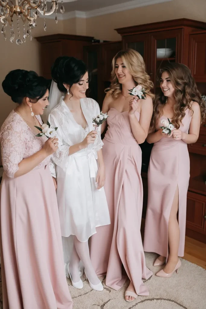 Flowy pastel pink bridesmaid dresses.