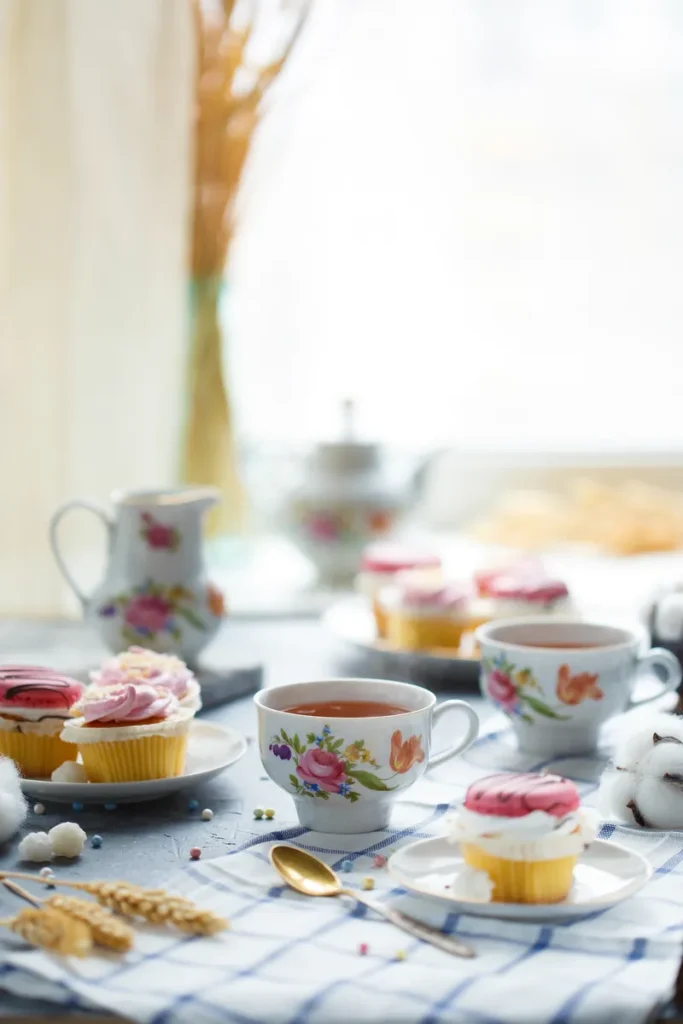 A tea party with fancy desserts.