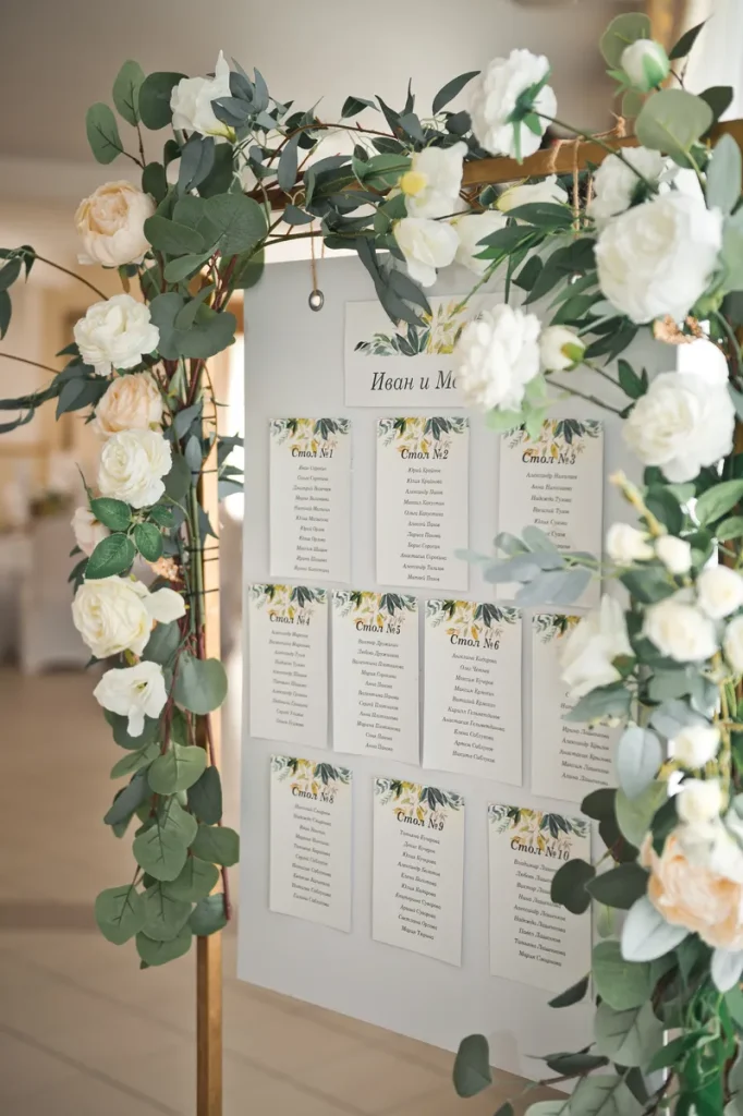 A beautiful floral escort card/table chart display.