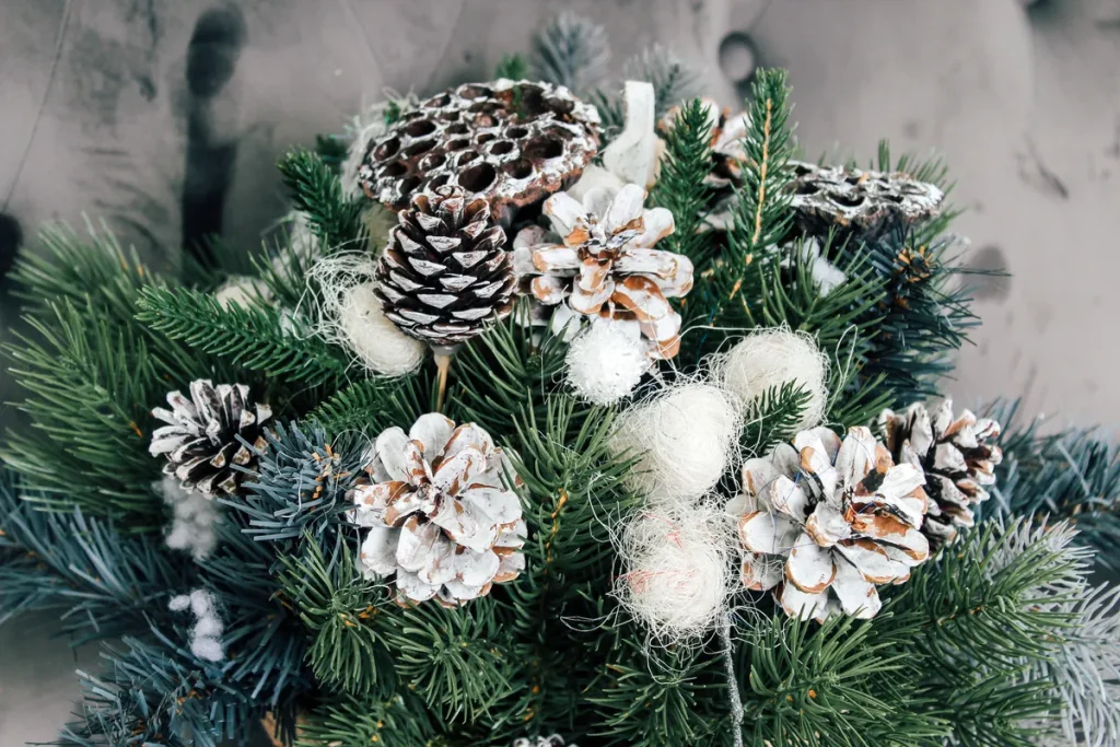 A lovely pinecone and evergreen bouquet.