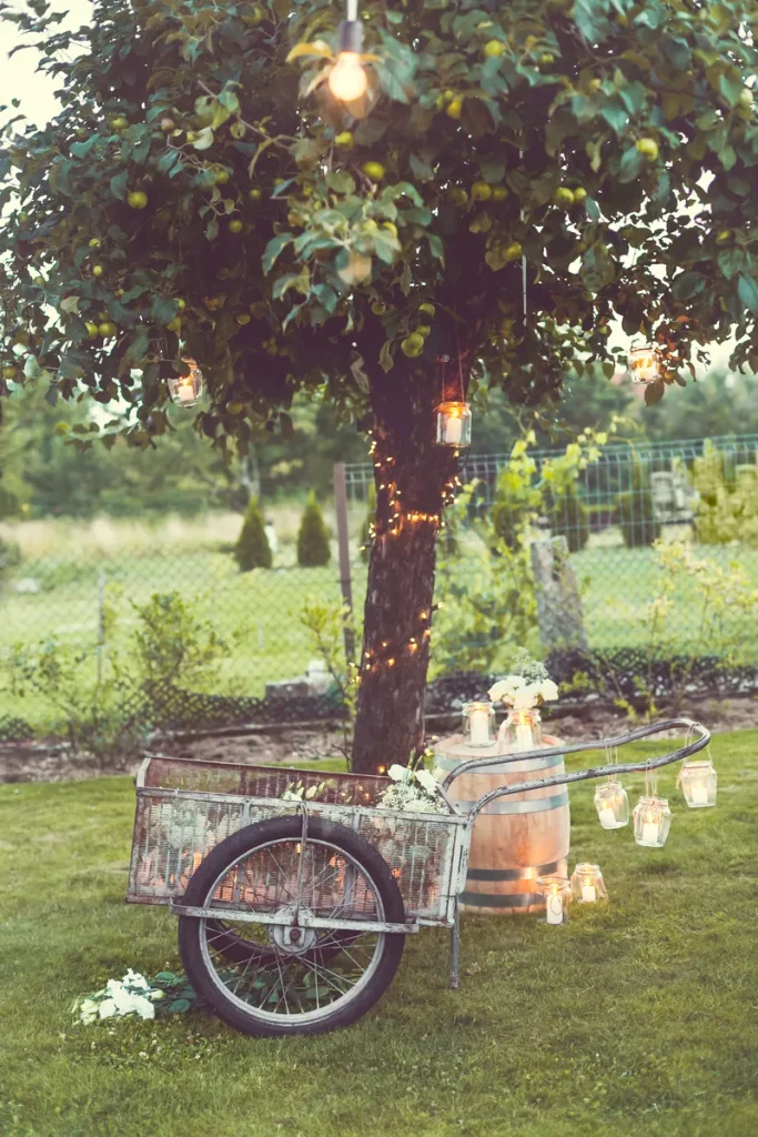 A backyard tree with lights strung up on it and some decor in the front.