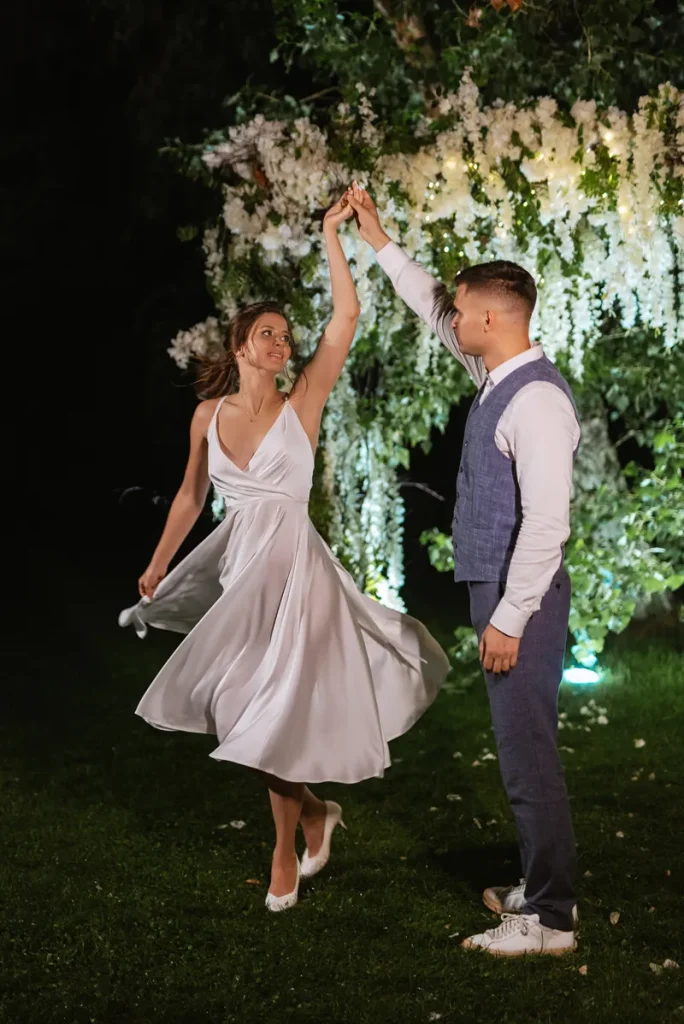 A newlywed couple dancing the night away.