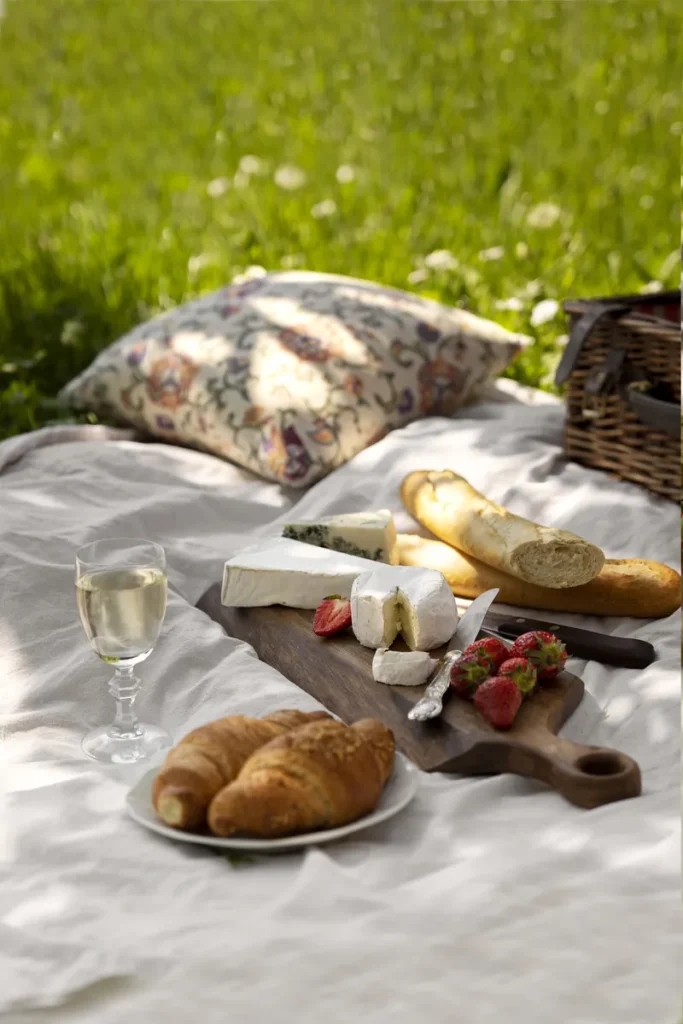 A picnic blanket with a charcuterie board and some wine.