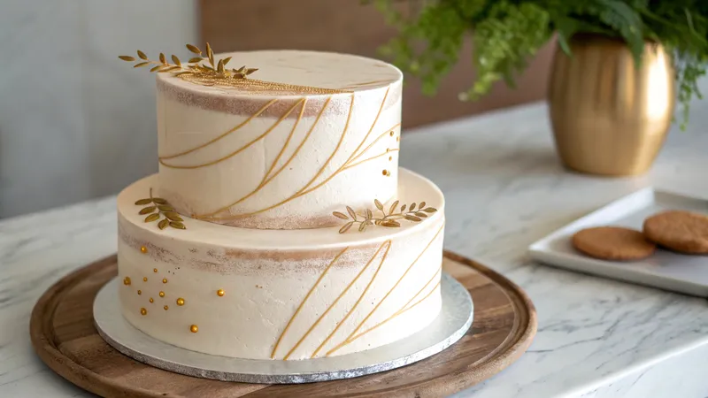 A rustic elegant wedding cake with gold detailing.