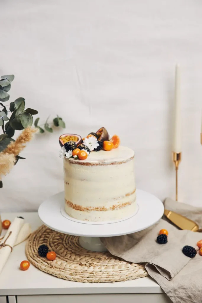 A simple rustic wedding cake with some cleancut fruit on top.
