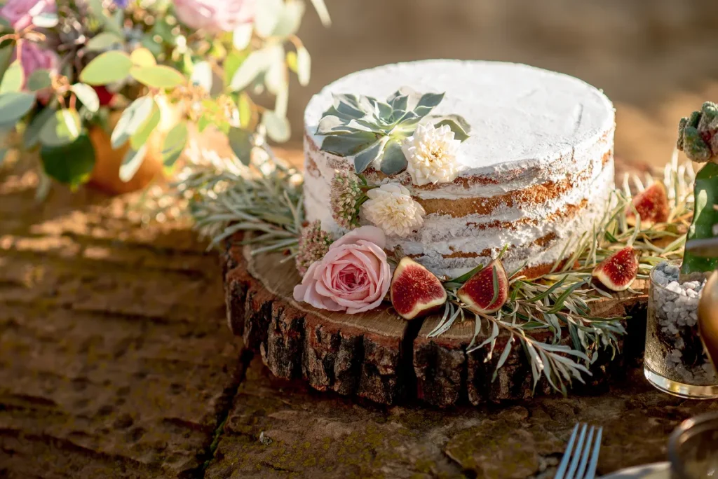 A small rustic wedding cake with fruit, flowers and leafy decorations.