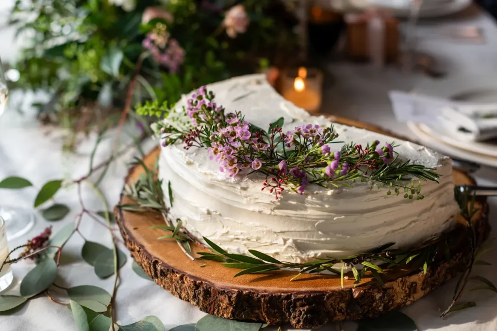 A small rustic wedding cake with flowers.
