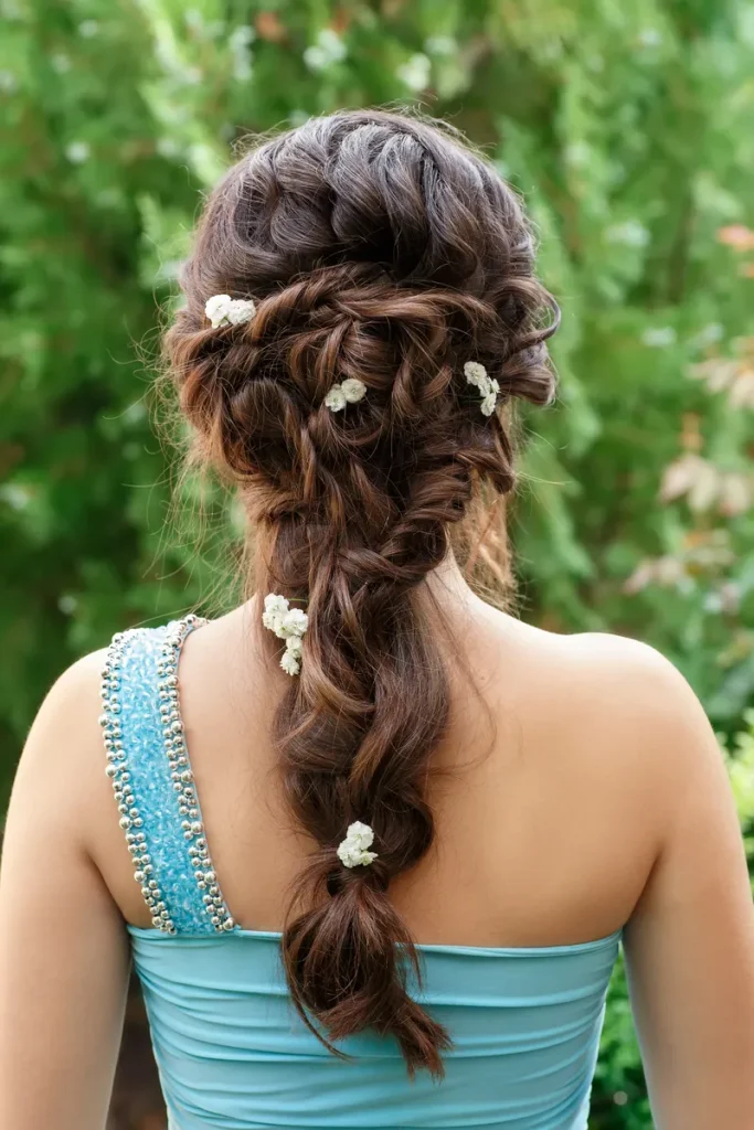 A beautiful, loose braided boho hairstyle with baby's breath.