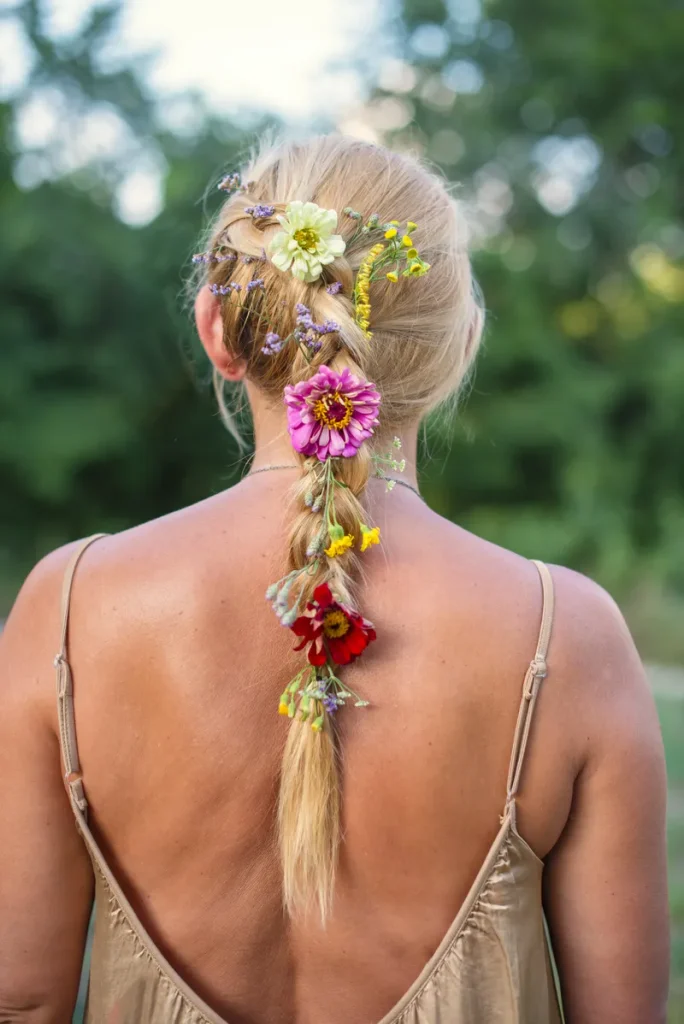A bridesmaid wearing a braid with fresh flowers throughout it.