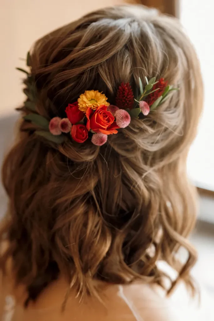 A half up half down bridesmaid hairstyle with greenery and a few flowers.