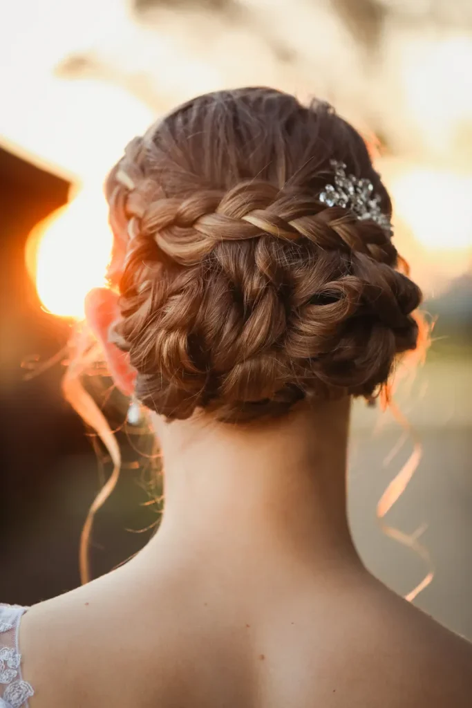 A braided updo for someone wanting a boho look for their wedding.