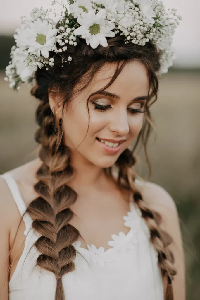A boho braids wedding hair look with some twin fishtail braids.