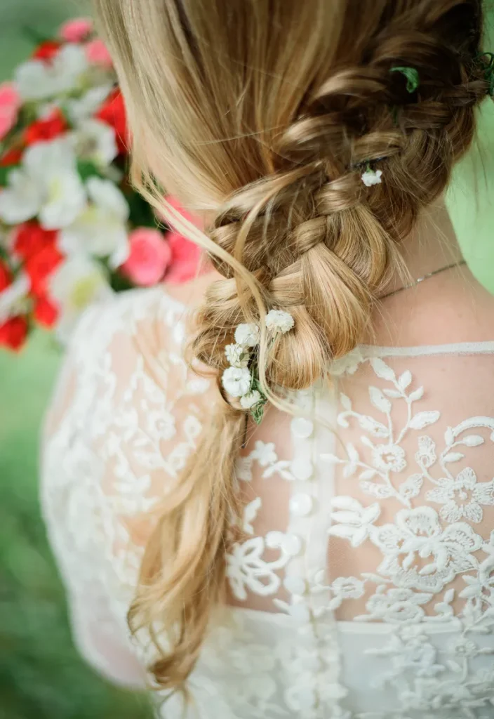 An example of boho wedding hair that's braided with some babies breath in the braid.