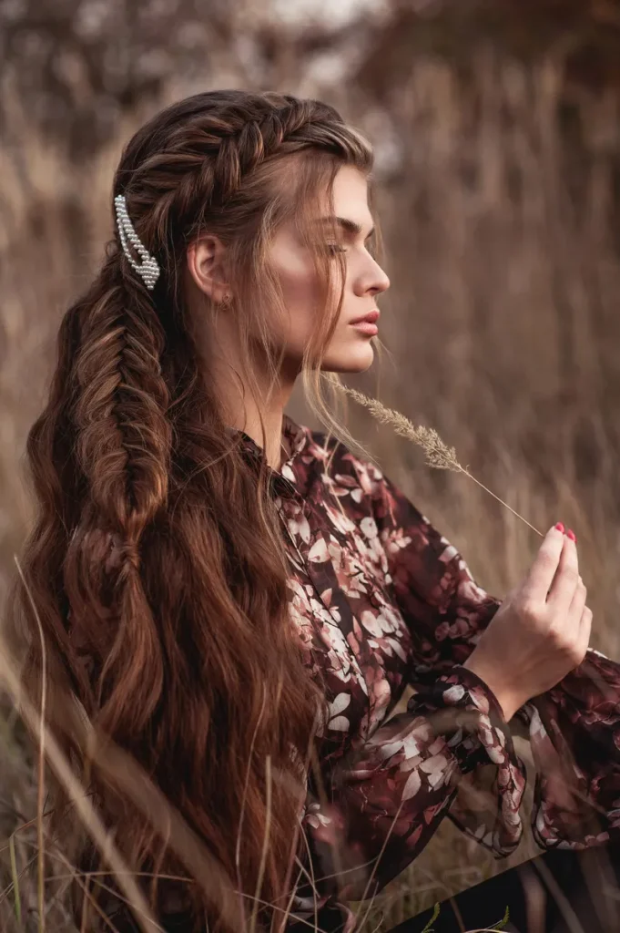 A boho braid wedding hair look featuring a side braid.