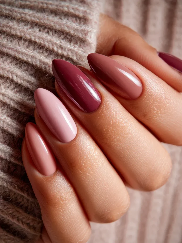 A classic almond nail shape with varying shades of blush and nude tones on each nail.
