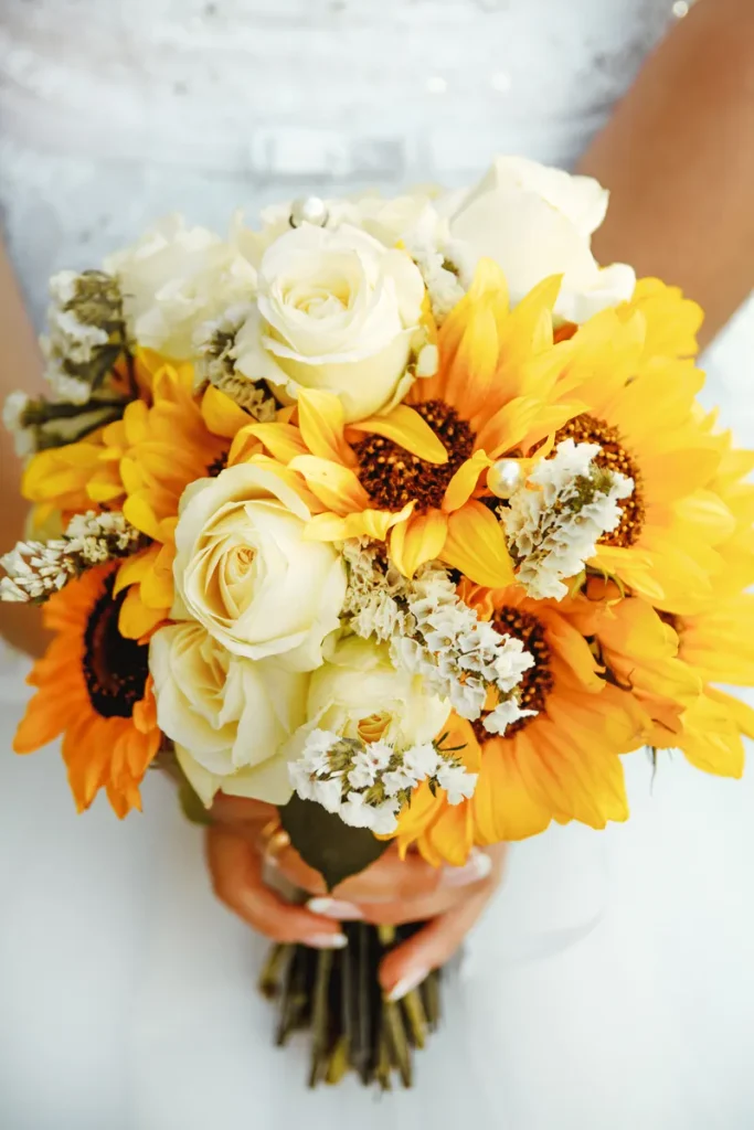 This is a sunflower wedding bouquet that adds a little finesse and sophistication to a fall sunflower bouquet.