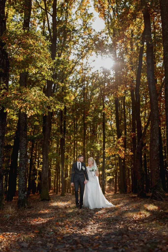 A a couple enjoying their woodland wedding.
