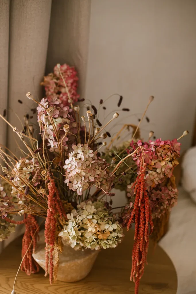 Fall boho wedding centerpieces with dried hydrangea flowers