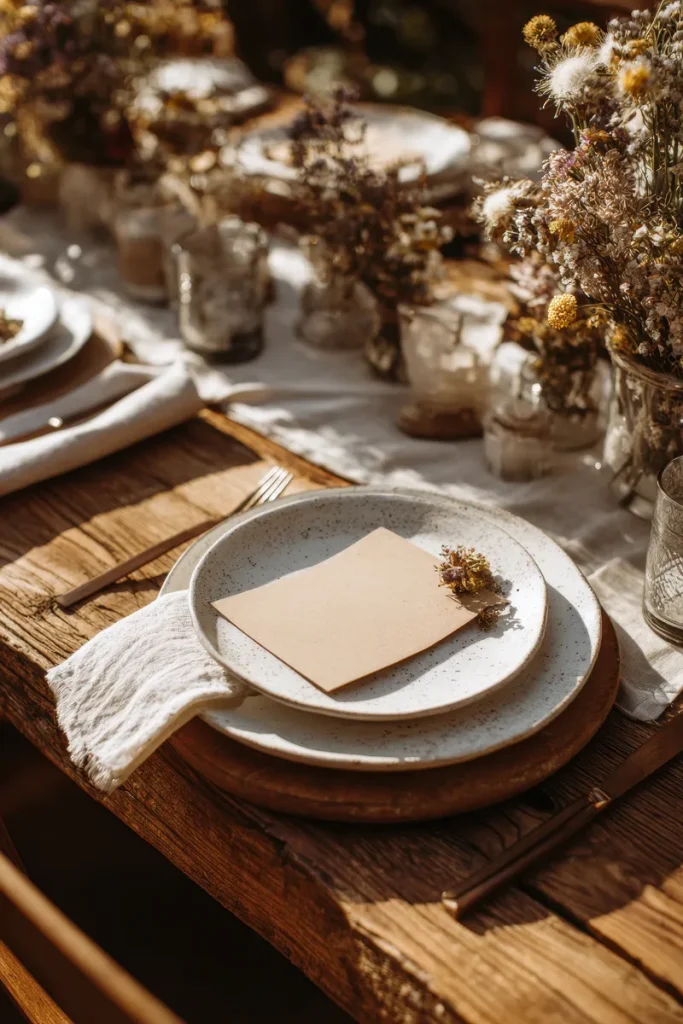 Rustic fall wedding centerpiece with dried flowers and soft neutral linens.