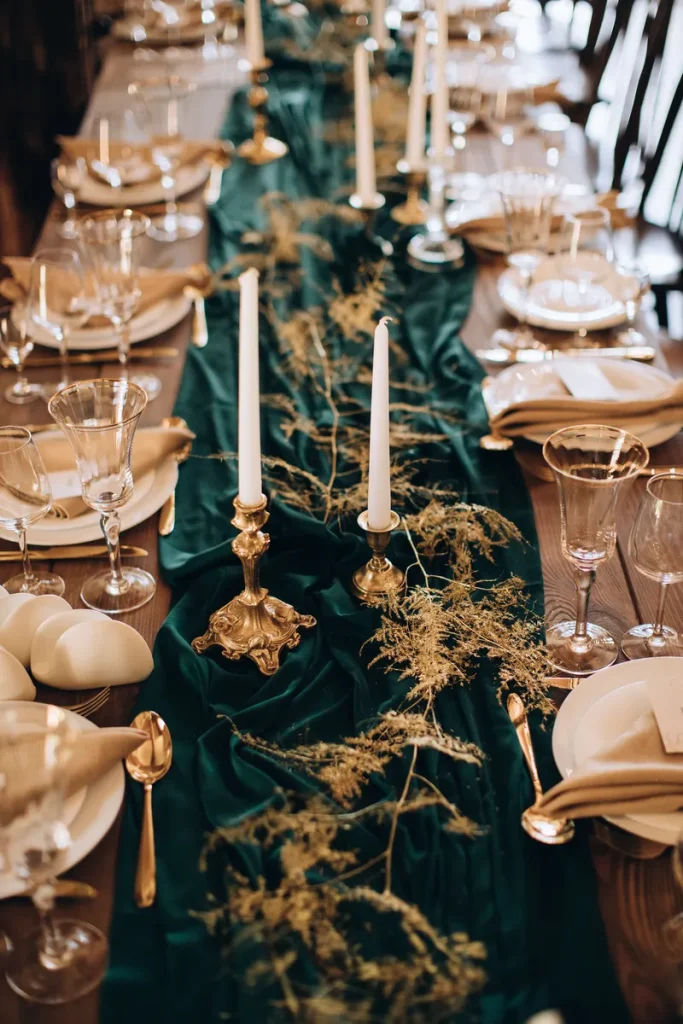 Elegant fall centerpiece ideas, like a deep emerald table runner and fold candleholders.