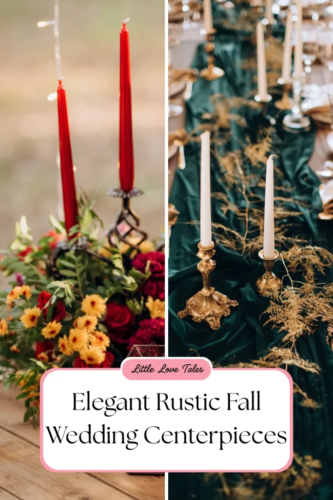 Some elegant rustic fall wedding centerpieces with tall candles.