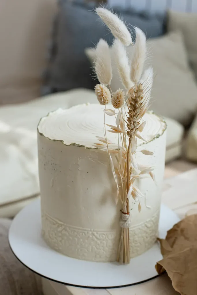 A bohemian wedding cake with some macrame inspired icing details.