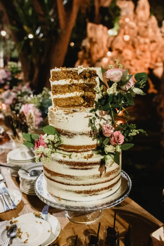 A naked bohemian style wedding cake.