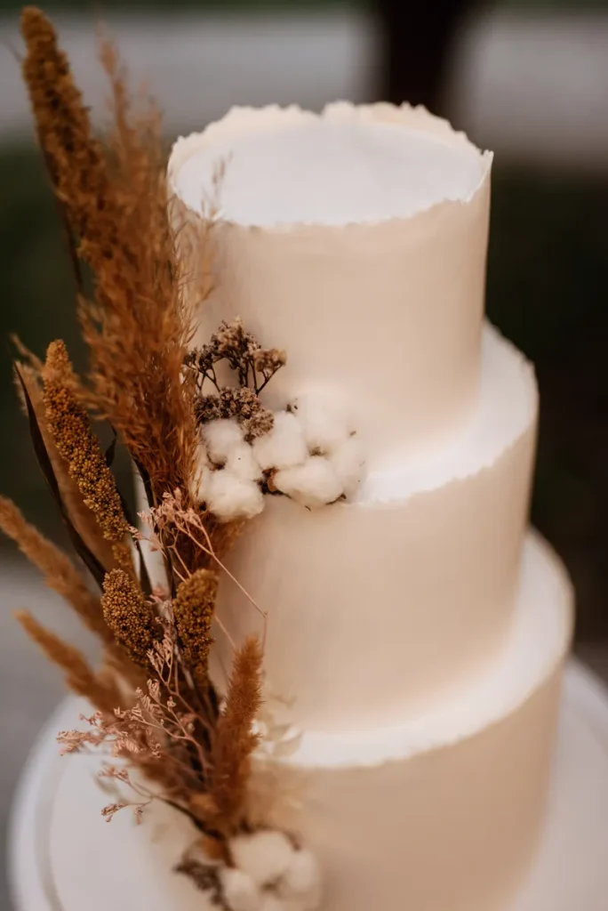 A more neutral bohemian wedding cake with some earthy tones and dried plant decorations.