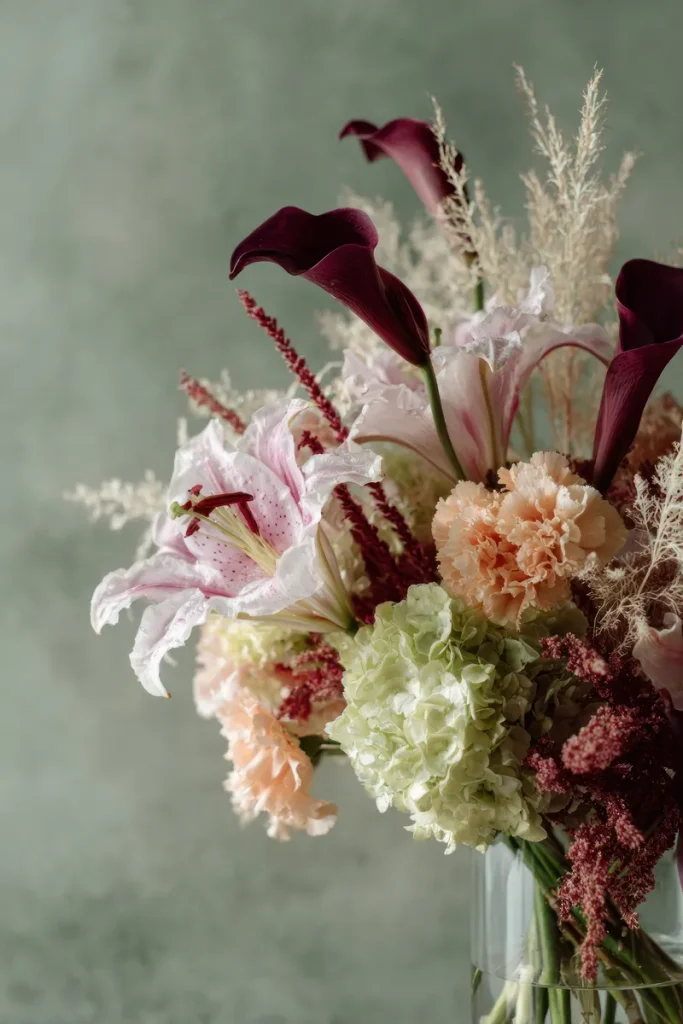 Burgundy and blush is an iconic color combo and this picture shows how you could use it in your fall wedding flowers.