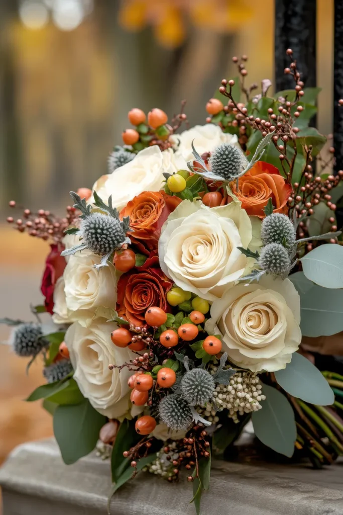 A picture showing fall wedding flowers with berries in it.