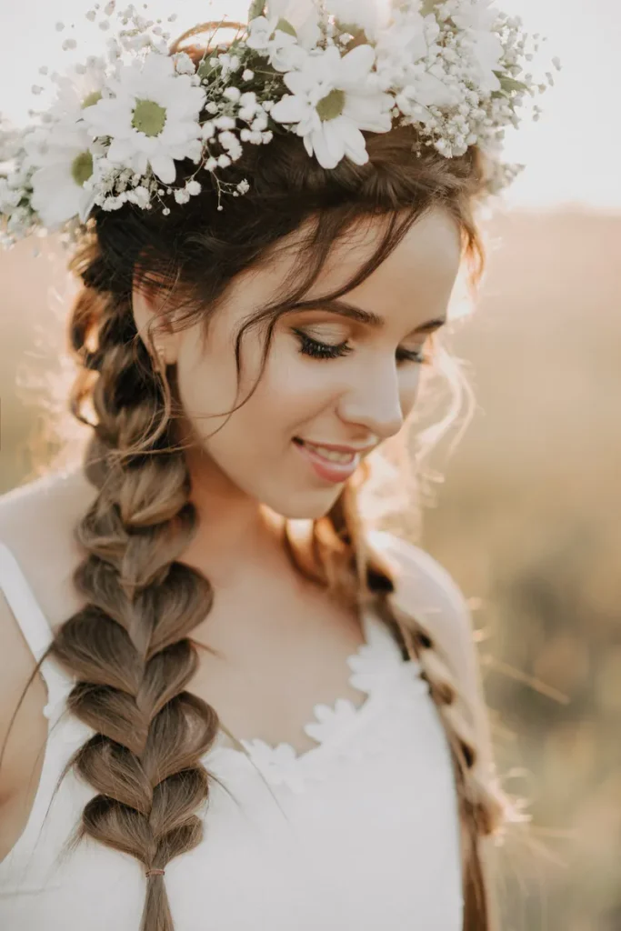 A flower crown made from daisies and baby's breath really make this bohemian wedding hair pop.