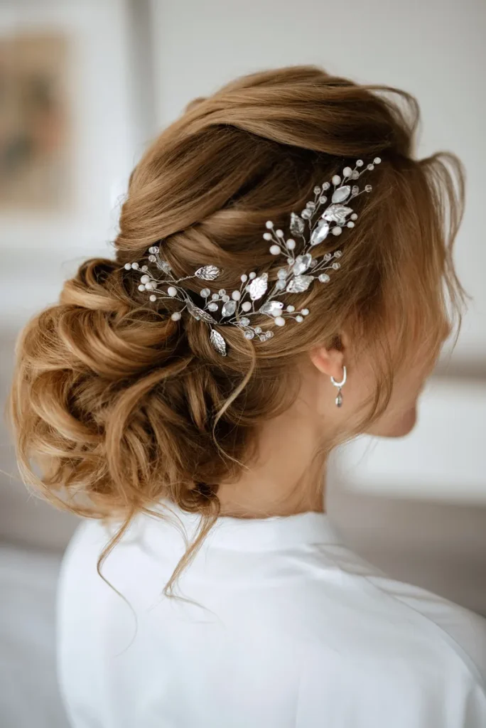 A messy boho bridal bun with a little decorative silver hair vine.