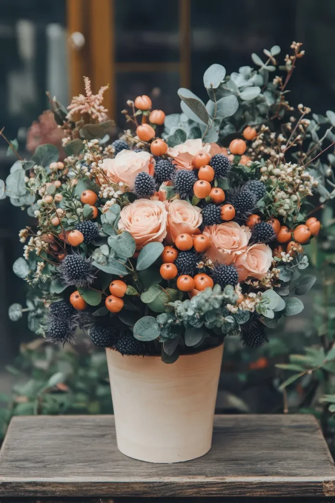 A fall wedding centerpiece with terracotta colored berries, lots of greenery and blush roses.